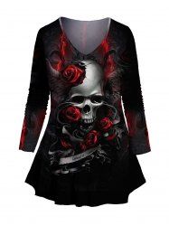 Plus Size Skull Rose Flame Print V Neck Casual Teee -  