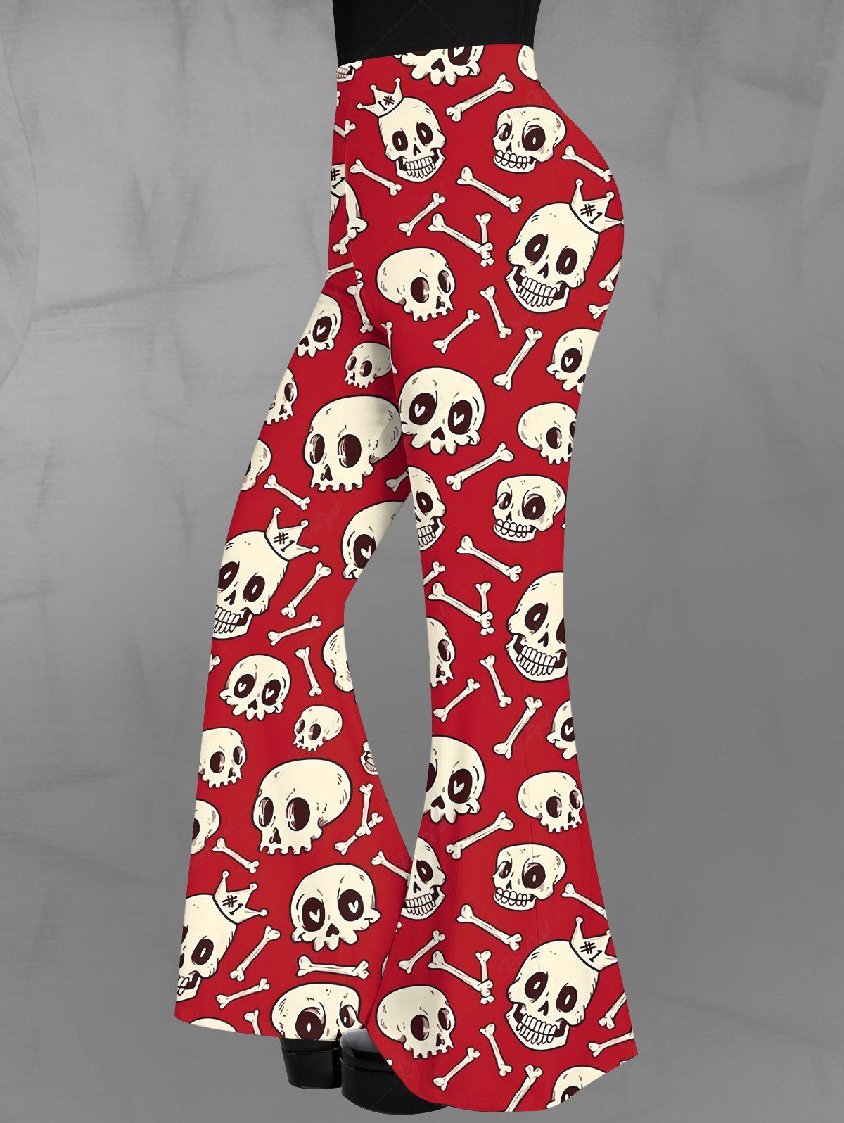 Latest Gothic Skulls Crown Bone Print Pull On Flare Pants  