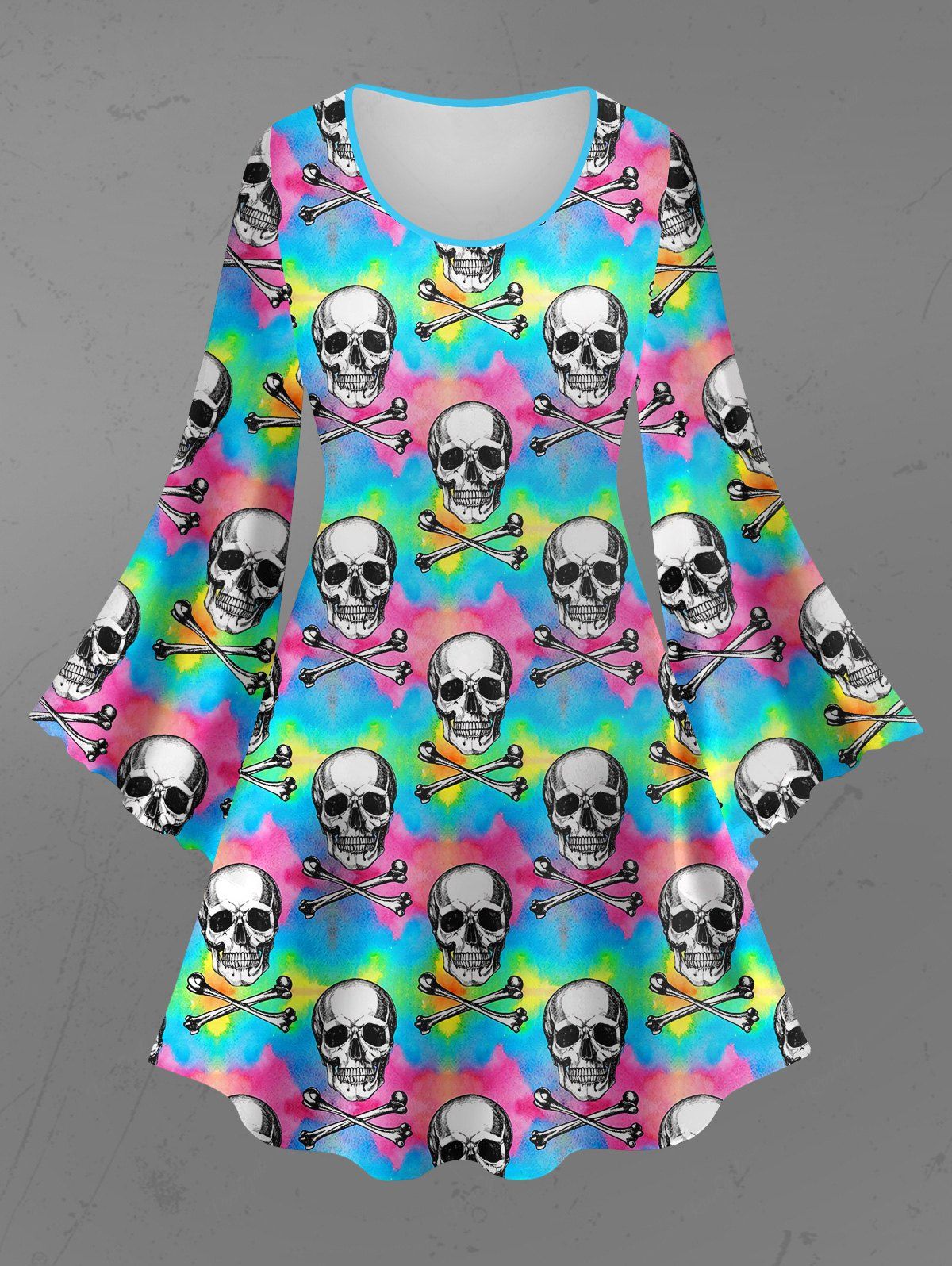 Sale Gothic Flare Sleeves Colorful Ombre Striped Skulls Bones Print A Line Dress  