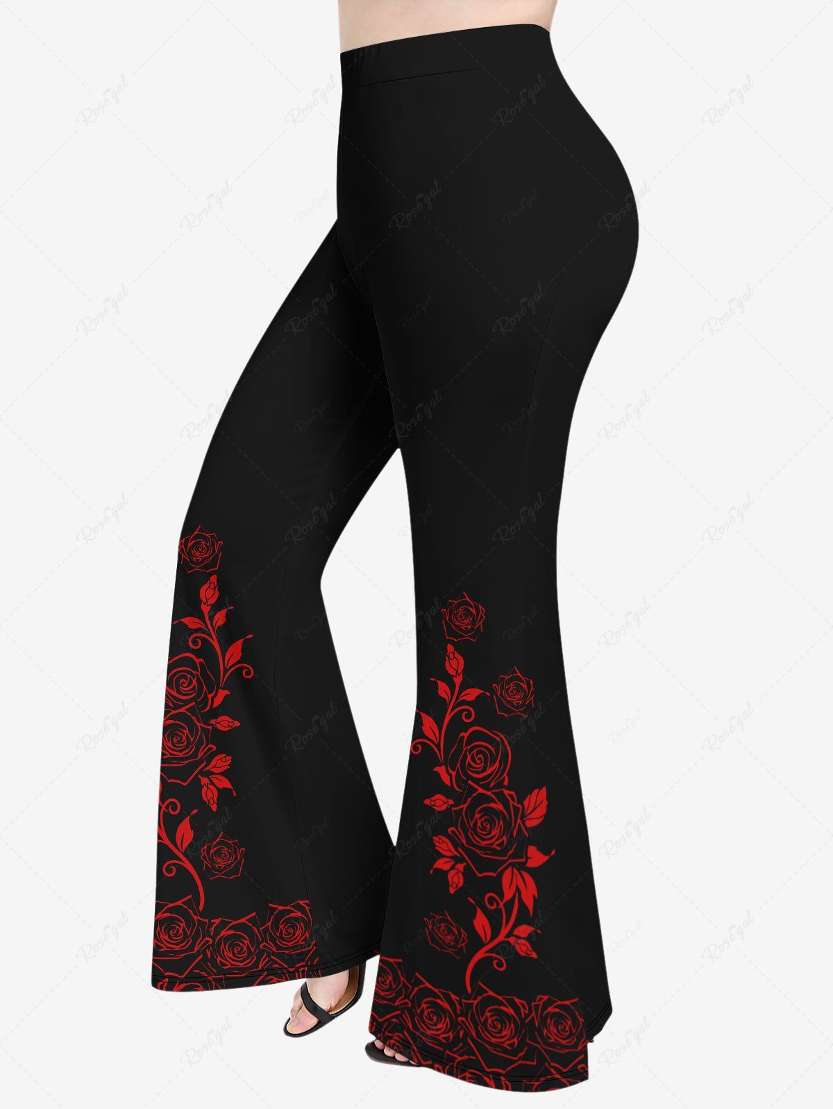 Online Plus Size Rose Flower Leaf Print Pull On Flare Pants  