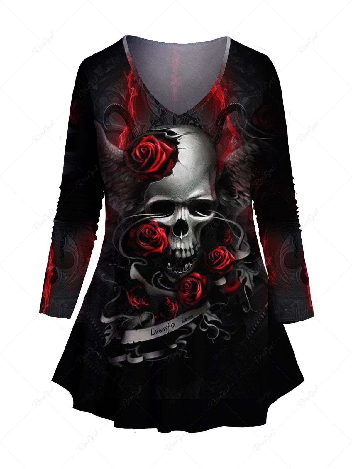 Shops Plus Size Skull Rose Flame Print V Neck Casual Teee  