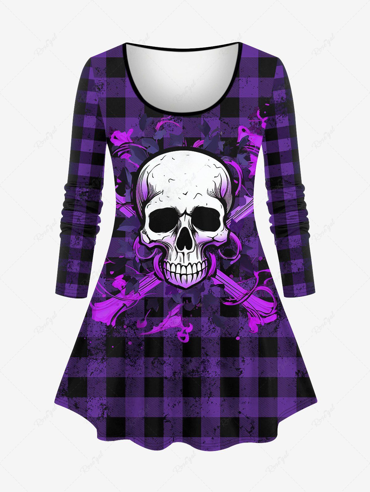 Outfits Plus Size Skull Cross Skeleton Plaid Attrited 3D Print Long Sleeve T-shirt  