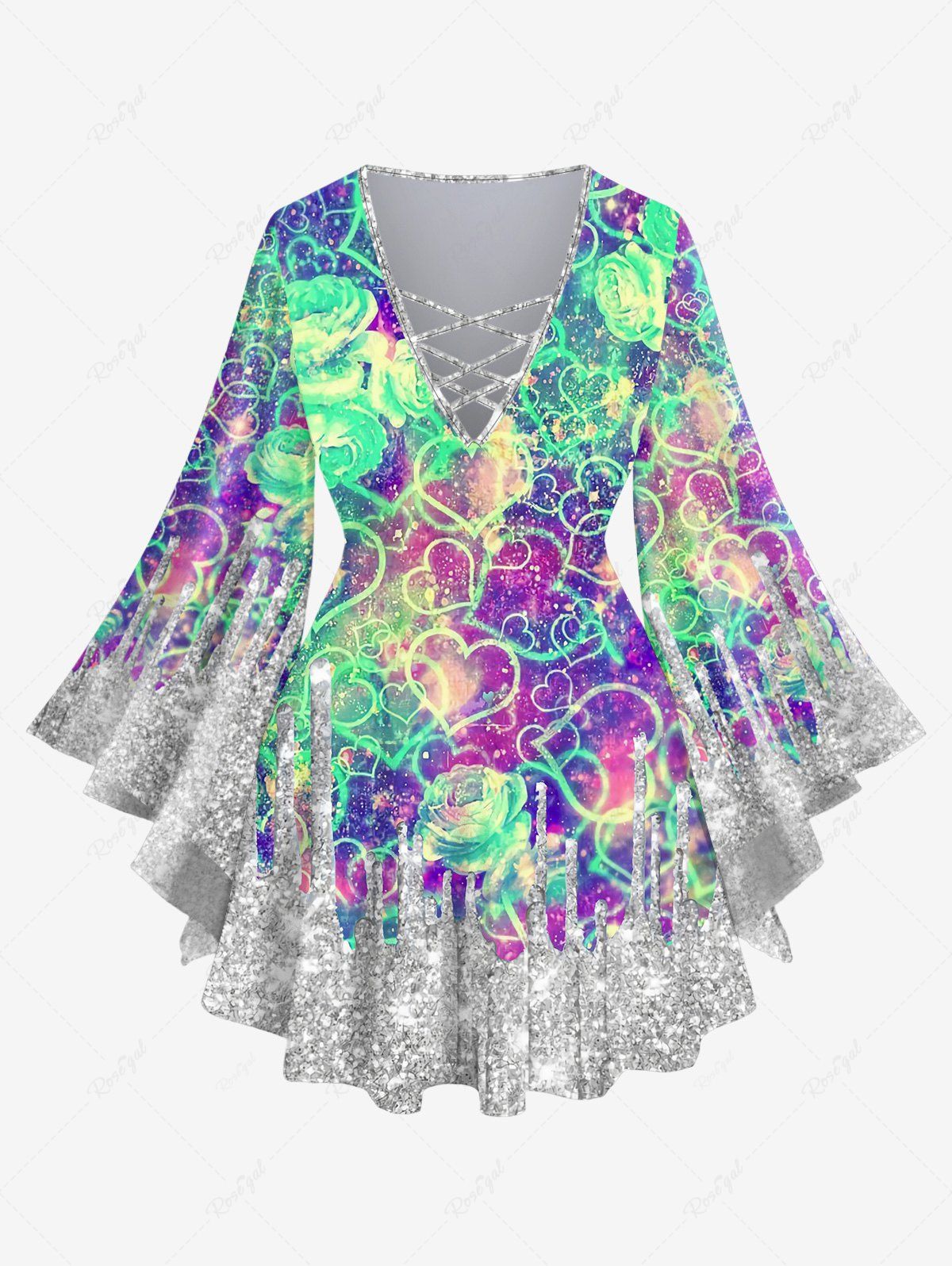 Affordable Plus Size Valentine's Day Heart Rose Flowers Sparkling Sequin Glitter 3D Print Lattice Crisscross Flare Sleeve Top  