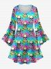 Gothic Flare Sleeves Colorful Ombre Striped Skulls Bones Print A Line Dress -  