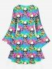 Gothic Flare Sleeves Colorful Ombre Striped Skulls Bones Print A Line Dress -  