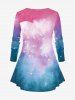 Plus Size Glitter Sparkling Cat Fox Feather Hat Mask Stars Ombre Galaxy Print Long Sleeves T-shirt -  