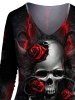 Plus Size Skull Rose Flame Print V Neck Casual Teee -  