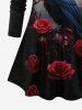 Plus Size 3D Rose Flower Bloody Leaf Eagle Mirror Cloud Print Long Sleeves T-shirt -  