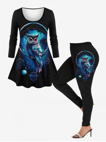 Galaxy Owl Dream Catcher Feather Tassel Printed Long Sleeve T-shirt and Leggings Plus Size Matching Set - BLUE