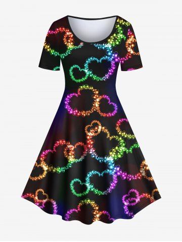 Plus Size Colorful Heart Light Beam Print Valentines Short Sleeves A Line Dress - MULTI-A - S