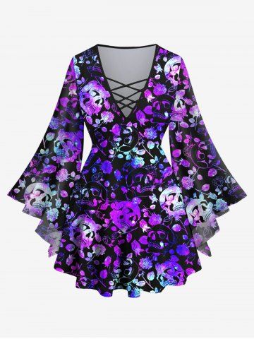 Plus Size Flare Sleeves Glitter Colorful Skulls Rose Flower Leaf Print Ombre Lattice Top - PURPLE - L