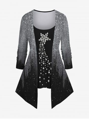 Plus Size Stars Sparkling Sequin Colorblock Glitter 3D Print Long Sleeve 2 In 1 T-shirt - BLACK - XS