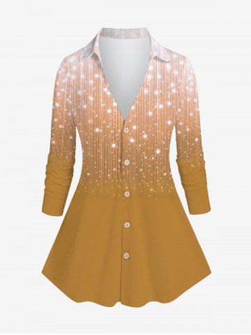 Plus Size Christmas Gingerbread Color Sparkling Sequin Glitter Tassel 3D Print Buttons Shirt - LIGHT COFFEE - M