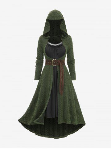 Plus Size Lace Trim Ruched Textured Cable Knit High Low Belted 2 In 1 Hooded Sweater Dress - DEEP GREEN - 1X | US 14-16