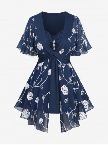 Plus Size Pearl Buckle Panel Ruched Twist Ruffles Embroidery Rose Flowers Chiffon 2 In 1 Top - DEEP BLUE - 1X | US 14-16