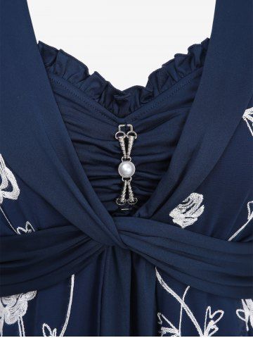 Plus Size Pearl Buckle Panel Ruched Twist Ruffles Embroidery Rose Flowers Chiffon 2 In 1 Top