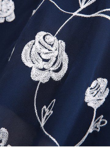 Plus Size Pearl Buckle Panel Ruched Twist Ruffles Embroidery Rose Flowers Chiffon 2 In 1 Top