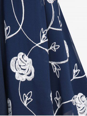 Plus Size Pearl Buckle Panel Ruched Twist Ruffles Embroidery Rose Flowers Chiffon 2 In 1 Top