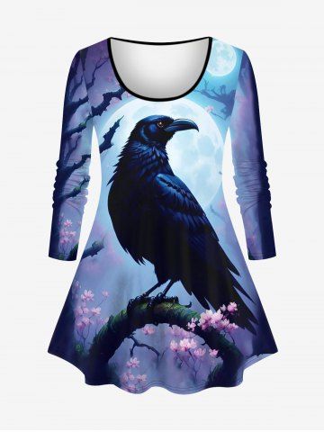 Plus Size Glitter Eagle Moon Tree Flower Print Ombre Long Sleeves T-shirt - LIGHT PURPLE - L