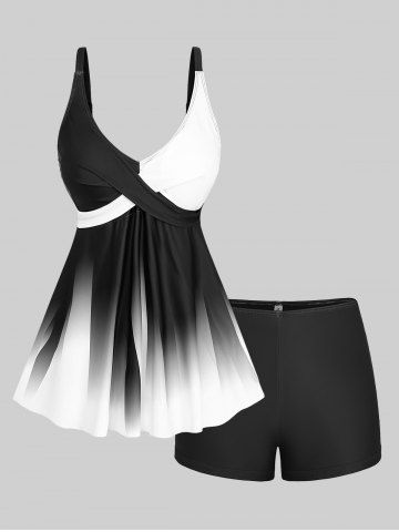 Plus Size Ombre Two Tone Crisscross Panel Backless Boyshorts Tankini Set