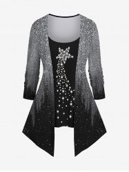 Plus Size Stars Sparkling Sequin Colorblock Glitter 3D Print Long Sleeve 2 In 1 T-shirt -  