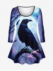Plus Size Glitter Eagle Moon Tree Flower Print Ombre Long Sleeves T-shirt -  