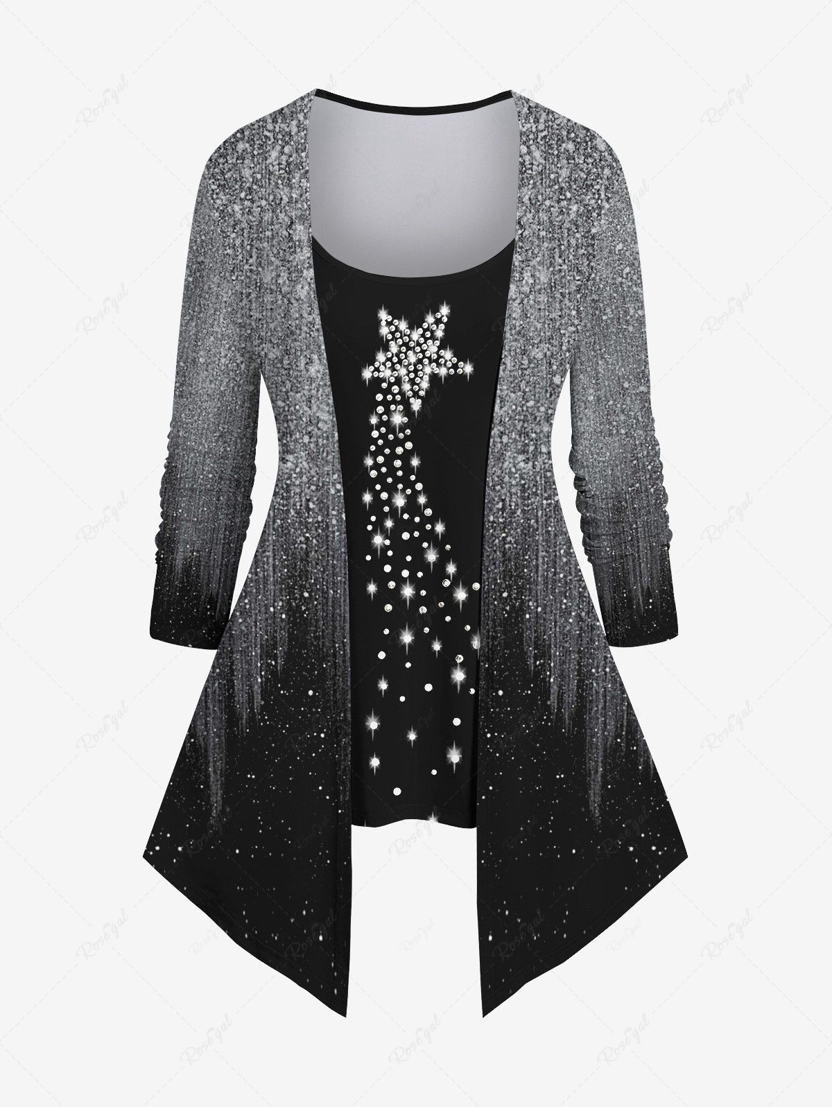Hot Plus Size Stars Sparkling Sequin Colorblock Glitter 3D Print Long Sleeve 2 In 1 T-shirt  