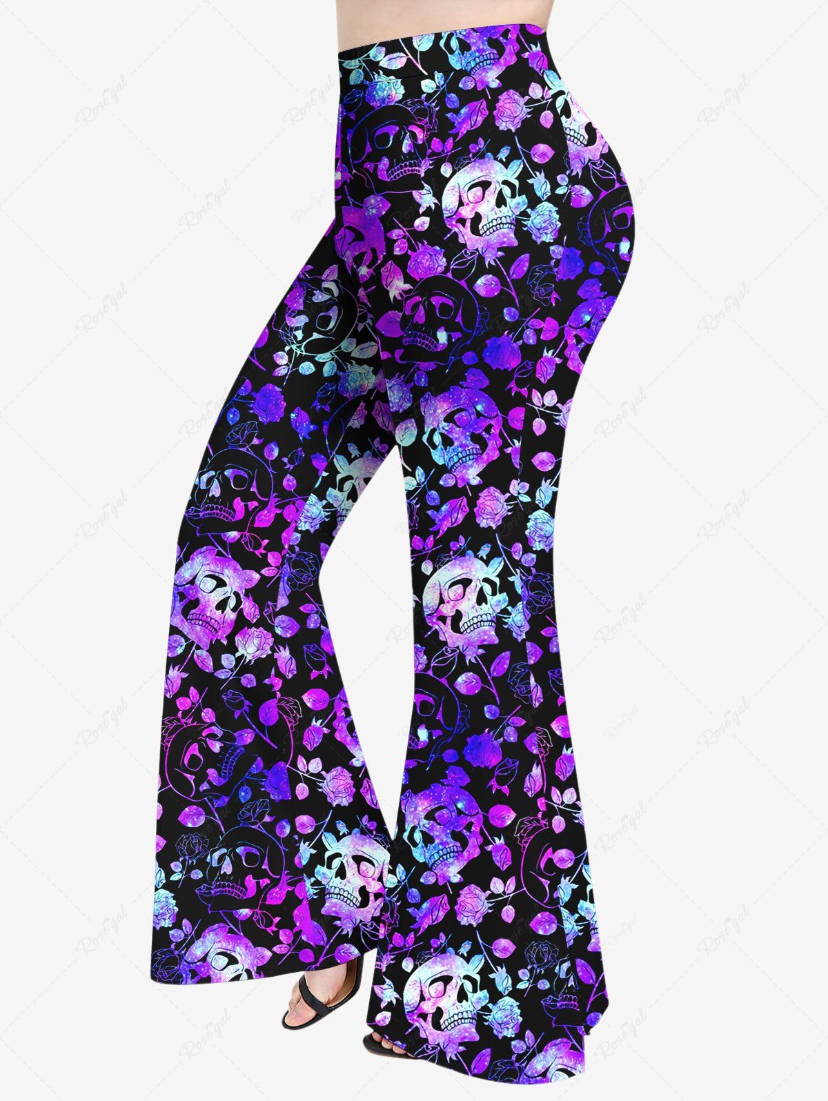 Store Plus Size Glitter Colorful Skulls Rose Flower Leaf Print Ombre Pull On Flare Pants  