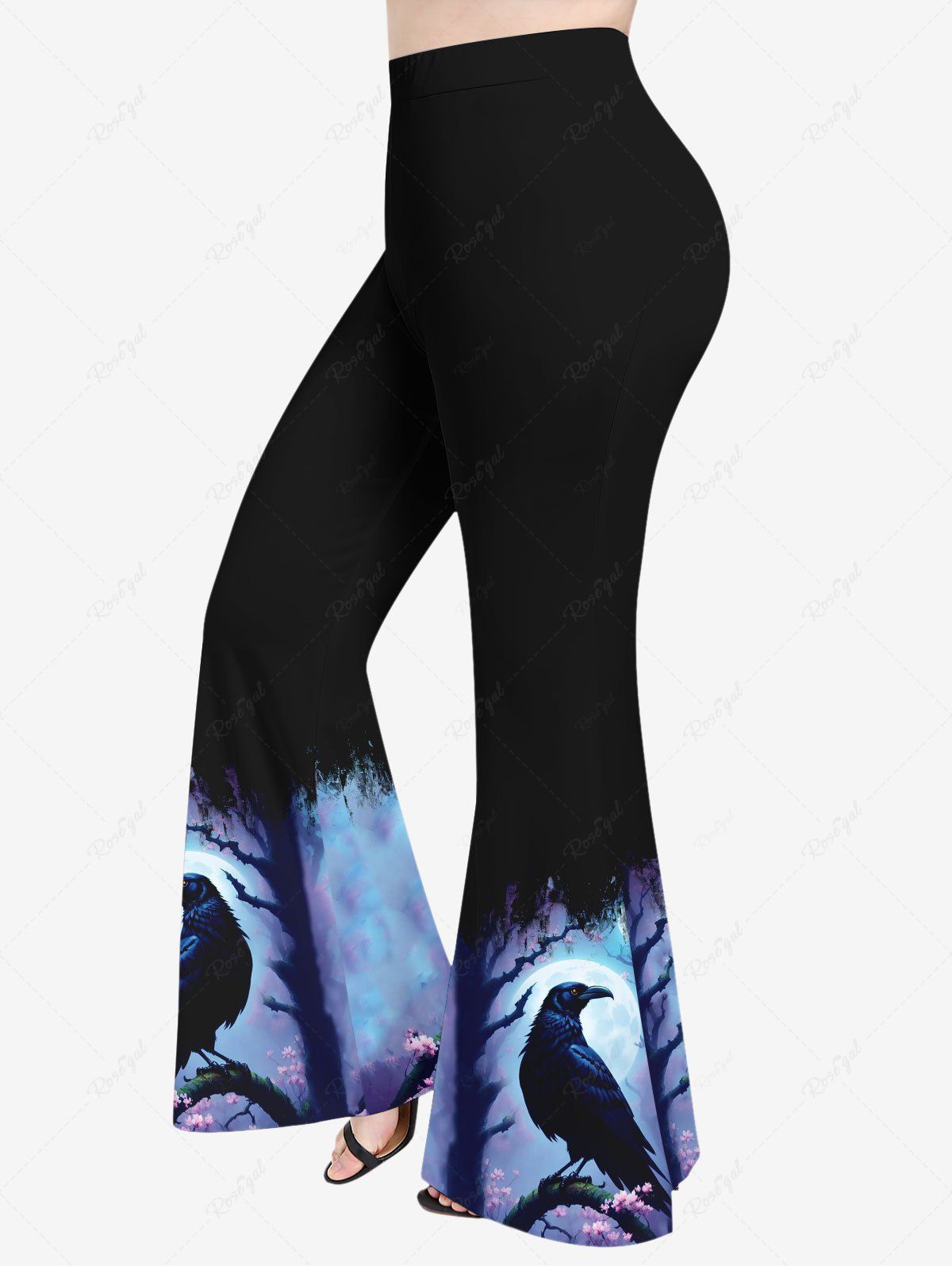 Pantalon Evasé Ombré Aigle Fleur et Arbre Imprimés de Grande Taille à Paillettes Noir 5X