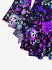 Plus Size Flare Sleeves Glitter Colorful Skulls Rose Flower Leaf Print Ombre Lattice Top -  