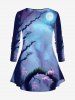 Plus Size Glitter Eagle Moon Tree Flower Print Ombre Long Sleeves T-shirt -  