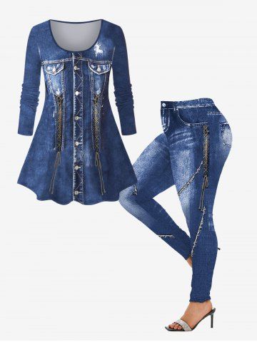 3D Denim Pocket Lace Up Buttons Ripped Topstitching Printed Ombre Long Sleeves T-shirt and Leggings Plus Size Outfit - BLUE