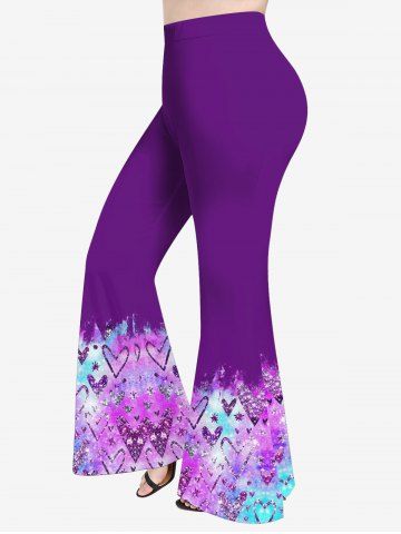 Plus Size Glitter Sparkling Heart Star Sequins Print Ombre Pull On Flare Pants - PURPLE - XS