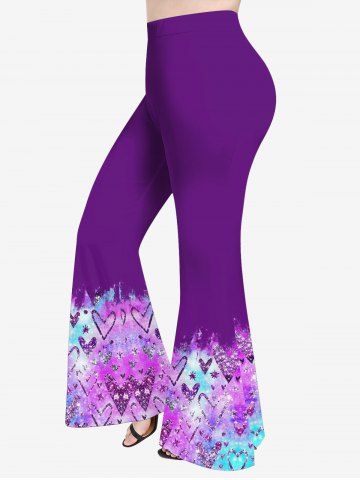 Plus Size Glitter Sparkling Heart Star Sequins Print Ombre Pull On Flare Pants - PURPLE - L