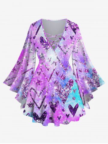 Plus Size Flare Sleeves Glitter Sparkling Heart Star Sequins Print Ombre Lattice Top - PURPLE - M