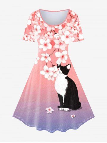 Plus Size Flower Cat Print Ombre A Line Short Sleeve Dress - LIGHT PINK - L