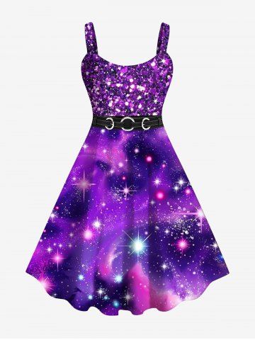Plus Size Galaxy Star Sparkling Sequin Glitter Buckle Belt 3D Print Tank Party New Years Eve Dress - PURPLE - S