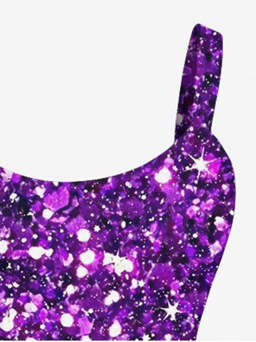Plus Size Galaxy Star Sparkling Sequin Glitter Buckle Belt 3D Print Tank Party New Years Eve Dress