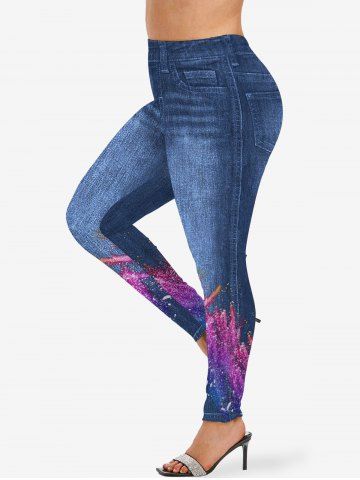 Plus Size Dnim Pockets Paint Splatter Colorblock Sparkling Sequin Glitter 3D Print Leggings - BLUE - 3X