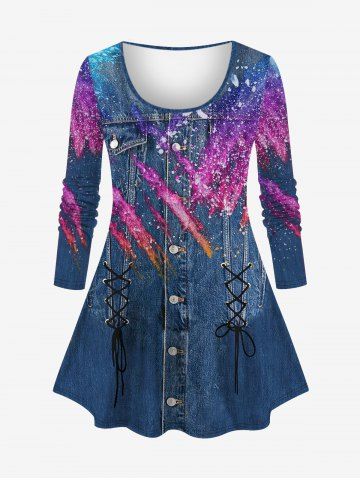 Plus Size Denim Paint Splatter Colorblock Sparkling Sequin Glitter Pockets Lace Up Buttons 3D Print T-shirt - BLUE - XS