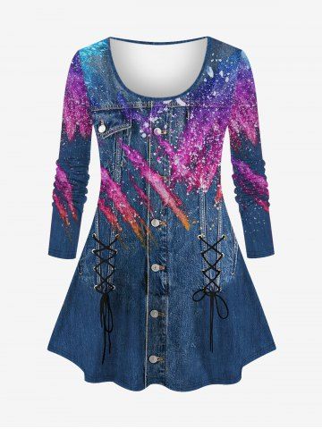 Plus Size Denim Paint Splatter Colorblock Sparkling Sequin Glitter Pockets Lace Up Buttons 3D Print T-shirt - BLUE - M