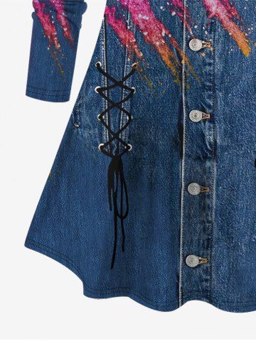 Plus Size Denim Paint Splatter Colorblock Sparkling Sequin Glitter Pockets Lace Up Buttons 3D Print T-shirt
