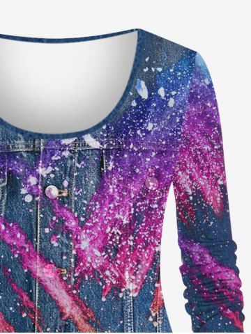 Plus Size Denim Paint Splatter Colorblock Sparkling Sequin Glitter Pockets Lace Up Buttons 3D Print T-shirt