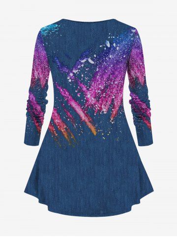 Plus Size Denim Paint Splatter Colorblock Sparkling Sequin Glitter Pockets Lace Up Buttons 3D Print T-shirt