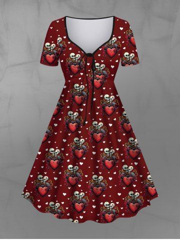 Gothic Skulls Skeleton Heart Lovers Print Cinched A Line Valentines Dress - RED - XS