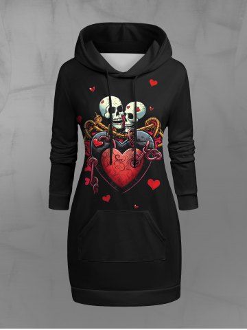 Gothic Skulls Heart Lovers Print Pocket Drawstring Valentines Pullover Hoodie - BLACK - L