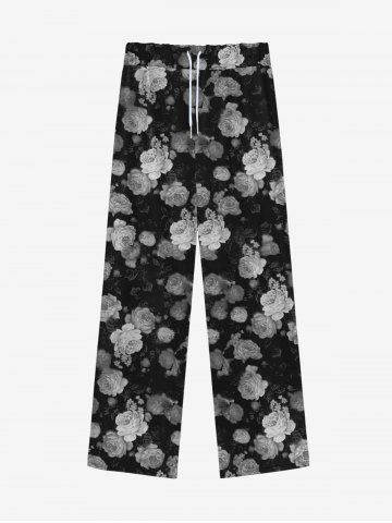 Gothic Rose Flowers Print Wide Leg Drawstring Sweatpants For Men - BLACK - 5XL