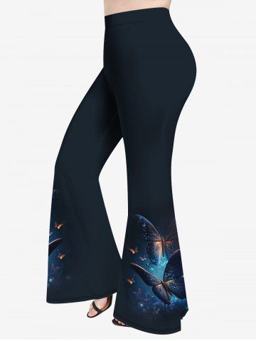 Plus Size Glitter Sparkling Butterfly Galaxy Light Beam Print Pull On Flare Pants - DEEP BLUE - S