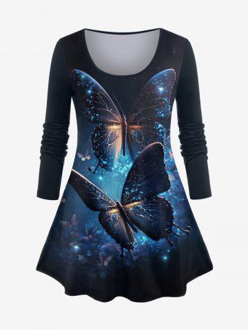 Plus Size Glitter Sparkling Butterfly Galaxy Light Beam Print Long Sleeves T-shirt - DEEP BLUE - L