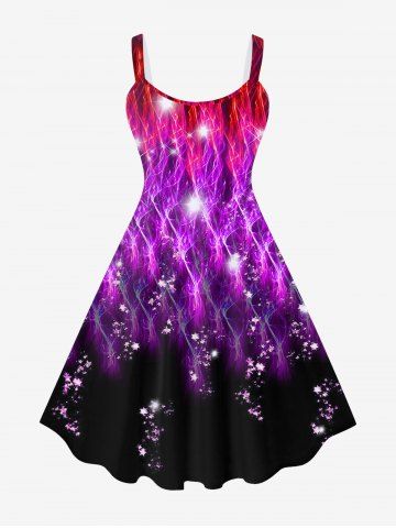 Plus Size Glitter Sparkling Floral Light Beam Colorblock Print A Line Ombre Tank Party New Years Eve Dress - PURPLE - XS